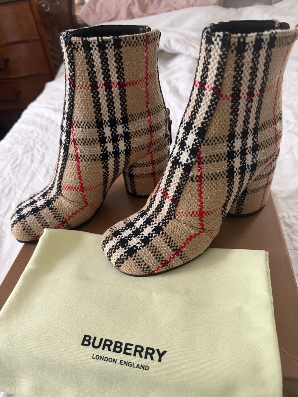 Burberry Beige Black and Red Check Knit Ankle Boots